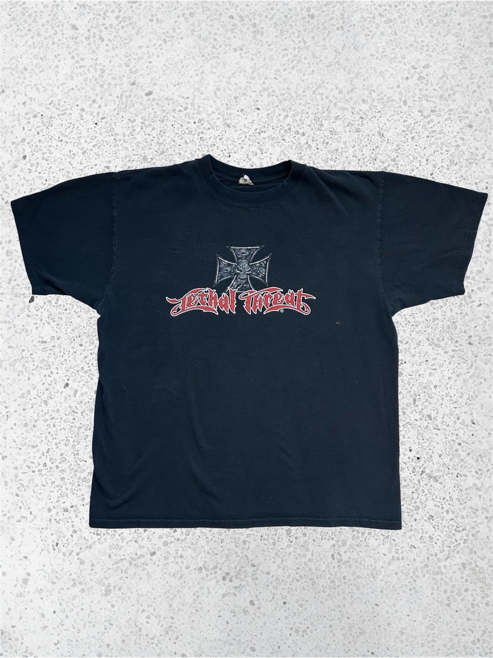 Vintage Y2K Lethal Threat Graphic Tee Iron Cross Skull Grunge Anvil Biker XL